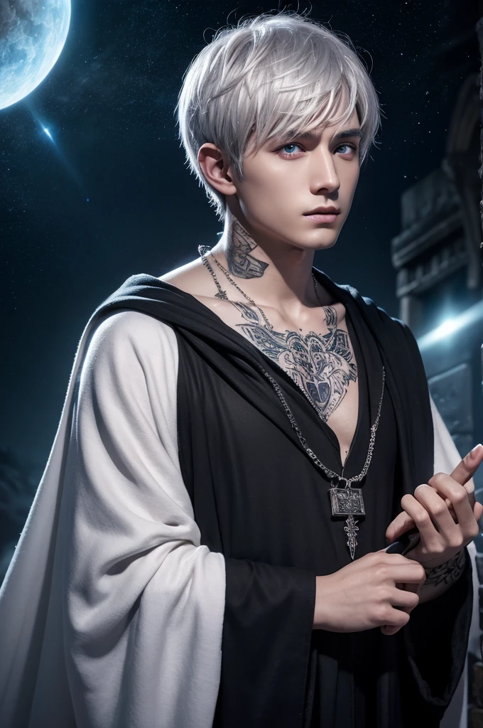Realistic, High resolution, Soft Light,Wizard,male, alone, Hip Up, White skin, (Detailed face),tattoo,Black Robe, Night Sky, I like short silver hair, Upper body only, Eyes that beckon the viewer, Lover's point of view, Attractive expression, Sexy smile, Perfect Style, Perfect balance, Detailed skin, Mischievous Gaze,