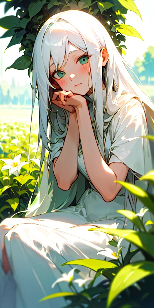(masterpiece, best quality),1girl with long white hair sitting in a field of green plants and flowers, her hand under her chin, warm lighting, white dress, blurry foreground