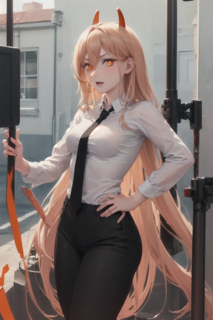 (masterpiece, top quality, best quality, official art, beautiful and aesthetic:1.2), (1girl:1.3), (digital distortion), pixelated fragments, data corruption,colorful noise, visual chaos,contemporary aesthetics,happy (blonde hair:1.2), white shirt, black necktie, black pants, close-up,(red horns, symbol-shaped pupils, cross-shaped pupils, orange eyes,), solo, standing, (glowing orange eyes: 1.4), medium breasts, cowboy shot, stare, looking at viewer, (interview:1.3), high resolution, (looking at viewer:1.15),colorful blood,blood is bright red), ((hands behind the scenes, hands behind your back))., naked, big breasts, vagina