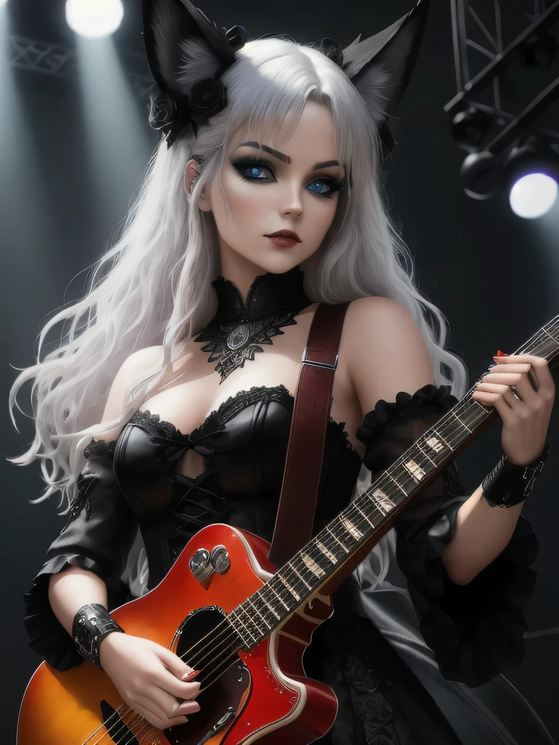 swedish metal rock fox girl holding a guitar, intense stare into camera, with gothic make-up, intricate details, highly detailed eyes, fancy hair and dark gothic dress, flash photo, on stage, intricate details