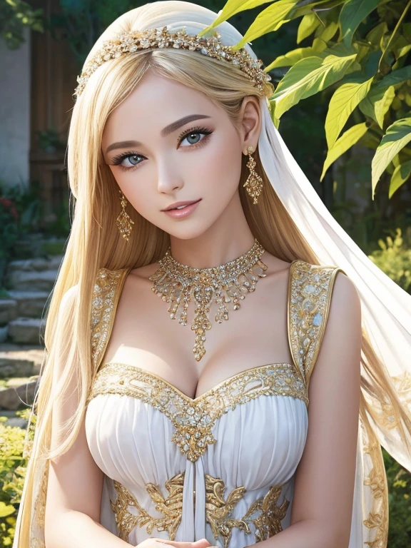 (Highest quality,Super detailed,High resolution,masterpiece,8K),Bright and vibrant colors,Official artwork,Greek white costume,Stylish makeup,Mid-length, shiny blonde hair fluttering in the wind,Captivating eyes,Glossy Lips,Beautiful woman with ample breasts,Beautiful neck line, Holding,Captivating smile,whole body,A solemn atmosphere,Old Temple,garden,,Detailed CG,