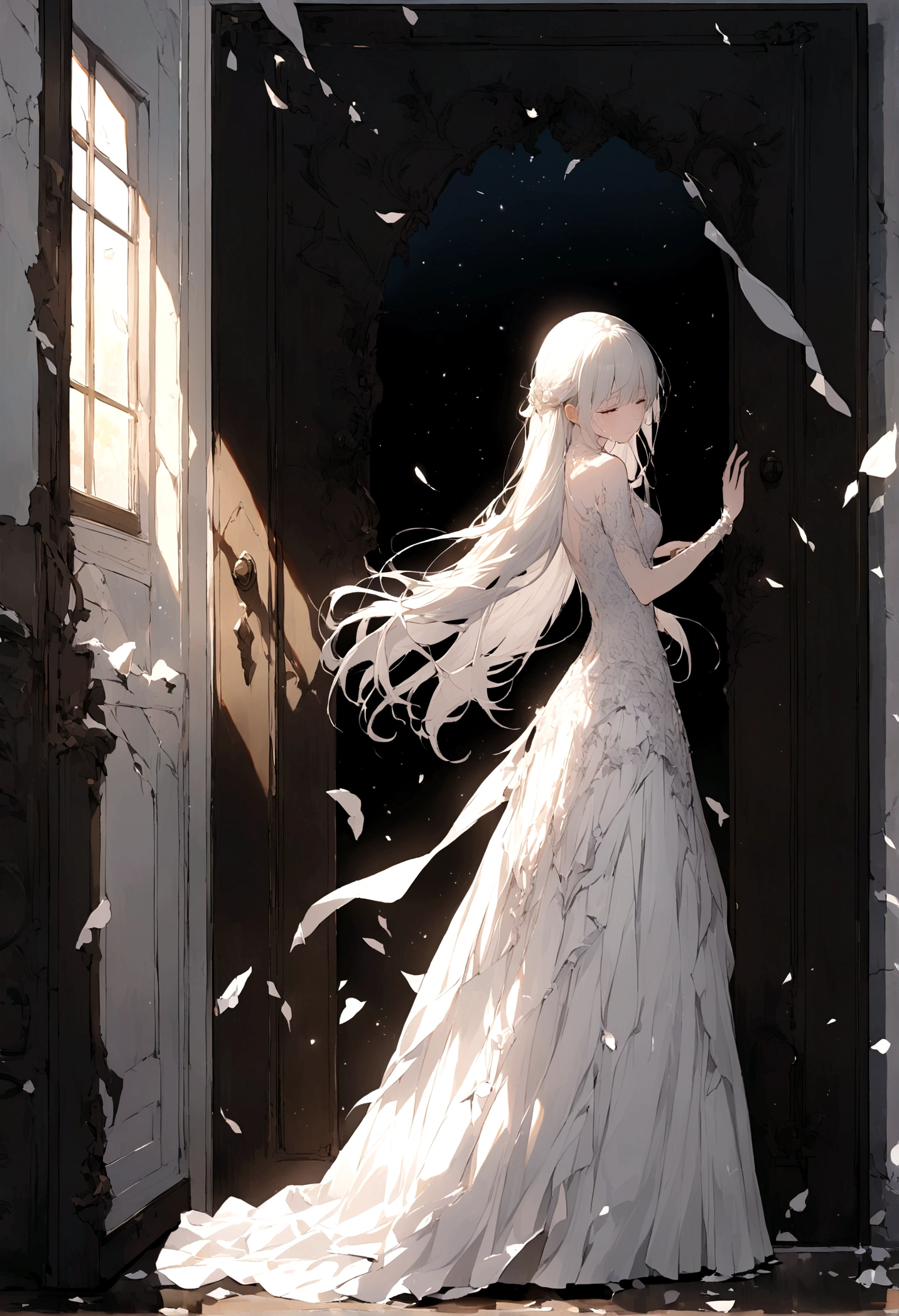 Passing by,(Standing outside the door),Starlight碎片,Sad expression,Tears,beautiful,White long hair,((Broken lens)),Starlight,White long skirt