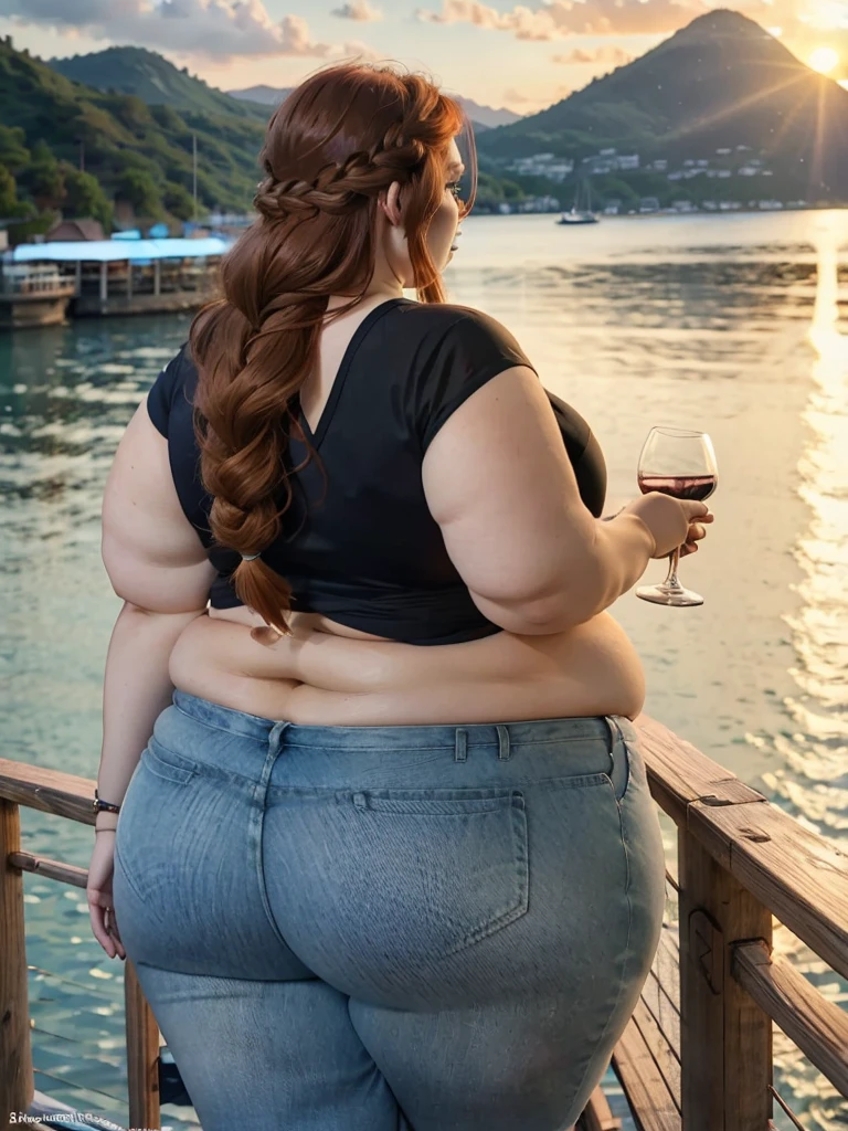 A backview photo of a Beautiful ginger SSBBW, with long wavy light Brownish-ginger braided hair, freckled body thicc fat arms, very thicc wide legs, huge obese booty in tight short jeans, and cute loose blue top standing on a cruise, crusie side next to a cruise fence on a vacation, holding a glass of wine while looking to the water in a lake watching the sunset behind the hills
