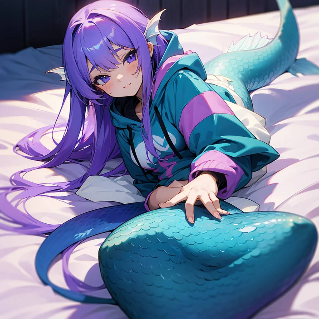 anime　Mermaid Girl　hoodie　Lying down with purple hair　Blue Tail