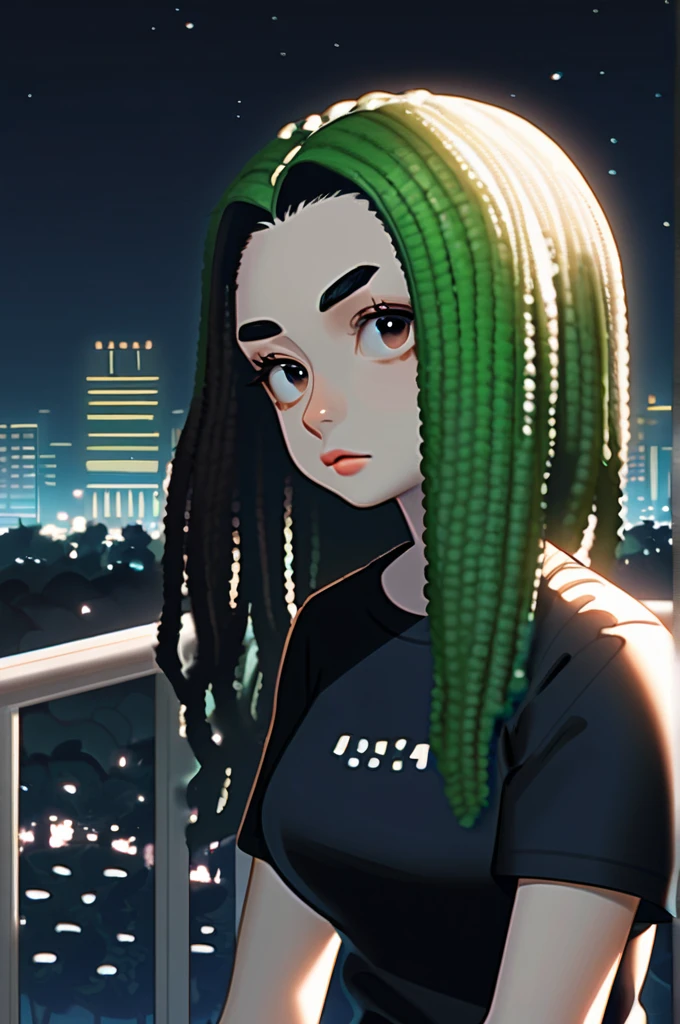 ((Лучшее качество)), ((шедевр)), (подробный), girl, long bright green dreadlocks, thin black eyebrows, round black glasses, pink lips, thin neck, large elastic breasts, thin waist, elastic hips, slender, short skirt, tight t-shirt, rocker style, (rocker style:1,9), portrait, background city park