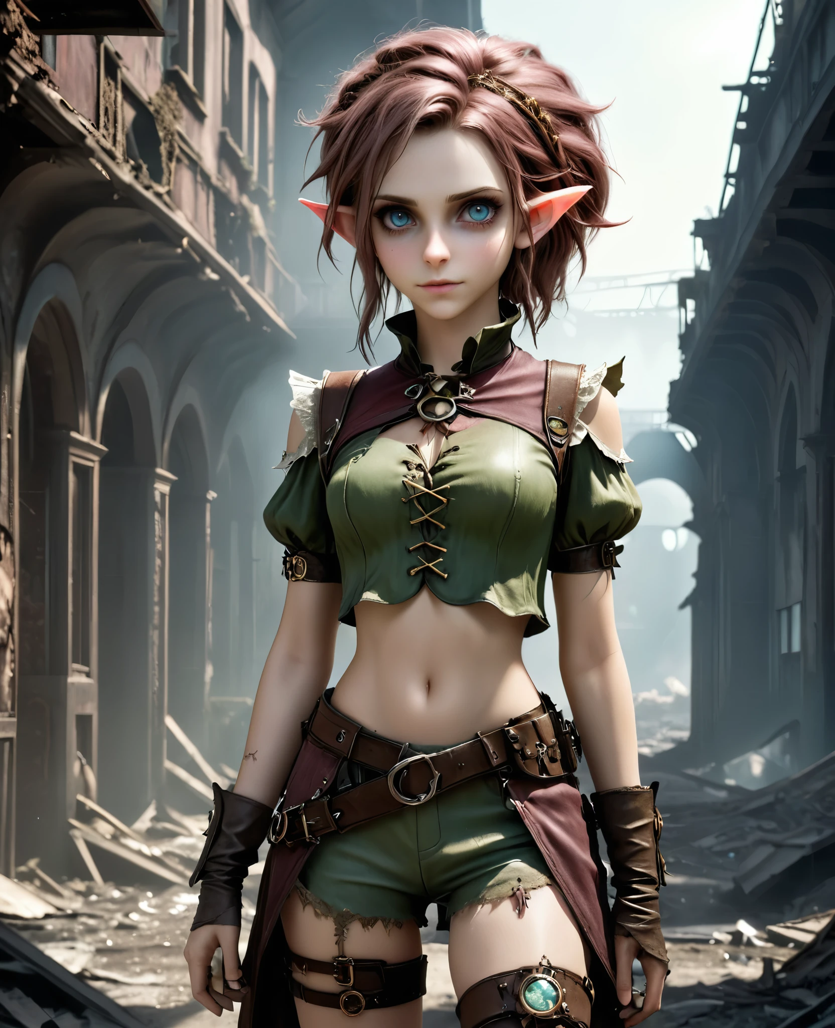 cute elf, (teenage elf  with extremely cute eyes)), (((elf))), ((((high resolution))), (((extremely detailed))), ((masterpiece)), looks like Aerith Gainsborough, dramatic shadows, depth of field, analog photo style, (world in which are collide steampunk and postapocalyptic vibes), postapocalyptic cute female in steampunk aesthetic, torn dirty clothes, depth of field, full body shot, unzoomed, (perfect body: 1.4), (sidecut short hairstyle), (stalking is quite common, although not the best way to make a living), stylized atmosphere of unreality, dark atmosphere, dynamic pose, in motion, Armageddon, increase cinematic lighting, highly lifelike skin texture, parted lips, weary eyes, fine eyes, whitened skin, random hair colour, doomsday aura