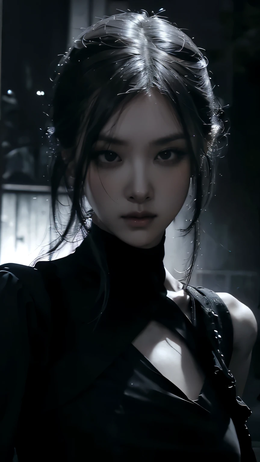 (best quality, highres:1.2), realistic, black dress, black hair, dark theme, black background, dark ninja, intense gaze, elegant posture, flowing dress, detailed facial features, long eyelashes, contrast, fine details, dramatic atmosphere, gothic style, intense emotions, monochrome color palette, captivating setting, haunting beauty, artistic photography, everything is black