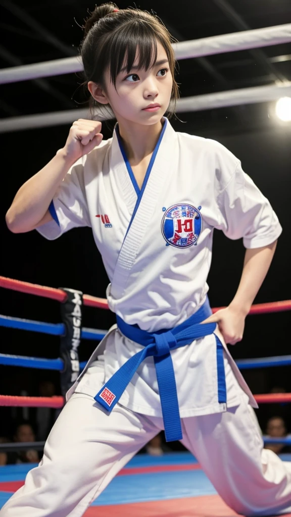 女性karate, Battle preparation pose, in a karate道場ring, She's ready to fight, Take a fighting stance, Middle cockscomb pose, karate, karate match, Young Japanese Woman, (Japanese Girls, :1.3, Idol Face:1.2), Slender beautiful breasts, (karateの道着, Wearing black bra and panties), Black belt, karate大会, ((Detailed eyes and face:1.2, Professional photography techniques)), (Highest quality, 8K, masterpiece:1.2, RAW Photos), (Photorealism:1.4)