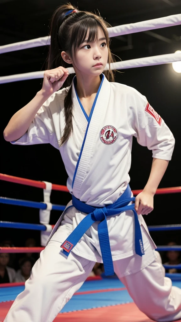 (RAW Photos:1.2), (Realistic), Beautiful detailed girl, Very detailed eyes and face, Beautiful and beautiful eyes, Large file size, High resolution, Very detailed, highest quality, [Tabletop:1.6], shape, Very detailed, The finer details, highest quality, 8K Dende Wallpaper, Cinema Lighting,Fighting arena in the background、15-year-old girl, Female Fighter, Karate pose, Outdoor Martial Arts Tournament, hang on, Uniform, 彼女の柔Uniform, ponytail, Serious expression, The body is slim, Young Face, , Stadium