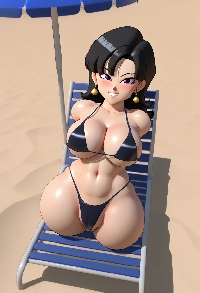 (best quality, masterpiece1.2), 3d,render,3d render,1girl,smile,(((dragon ball art style))), blush, woman, sexy, detailed, extreme detail, perfect lighting, 4k,lying on beach chair,beach chair,chair, beach, black bikini, wide hips, huge breasts BREAK anime style, source anime,1girl, long hair,quadruple amputee,(((((legsless, armsless:2)))),(high angle),parasol,biting lip,pussy,black hair,dark skin,long hair