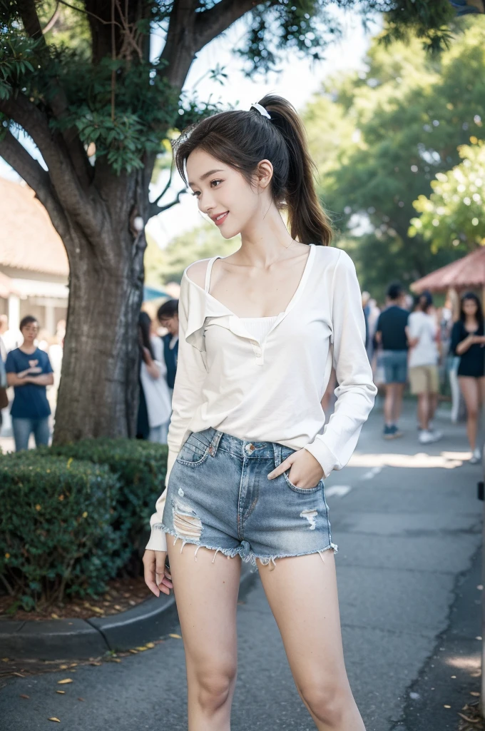 (((best quality))),(((ultra detailed))),(((masterpiece))),illustration,((1 beautiful girl,solo)),((slim,thin)),((small breasts,flat chest)), outside school gate, summer twilight, sunlight,(short ponytail:1.3),(claviclies,cleavage),((white long-sleeved shirt)),((denim shorts,slender legs)),(plain white socks, comfortable flip-flops), animated face, excited eyes, sounds of laughter, chatter, excitement of summer vacation, air filled with energy, school gate golden glow, symbol of end of academic year, schoolyard transformed, reunion, farewells, embracing setting sun, face illuminated, moment captured, fleeting instant, essence of summer, carefree spirit, youthful exuberance, embodiment of season, sun dips, rosy glow, joy of living,promise of adventures,((standing,from front,full body)),(surrounded by crowded crowds:1.3)