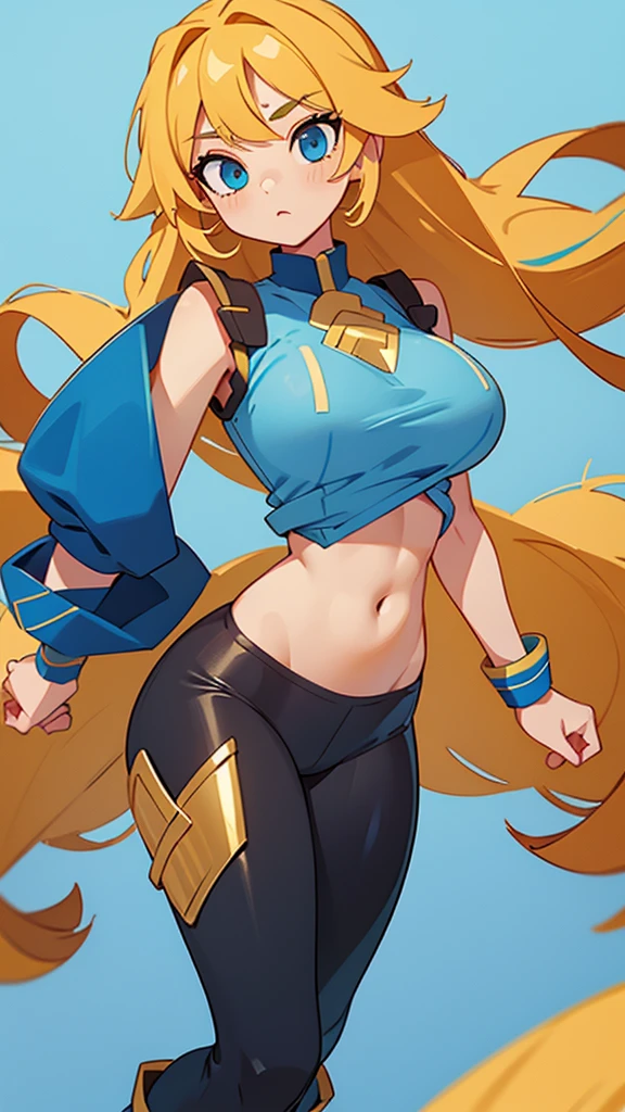 Sexy girl big breast cute cavalry long straight curly yellow hair her blue eye wears blue sleeveless top shows navel and long metallic black pants big thigh sexy brown boot