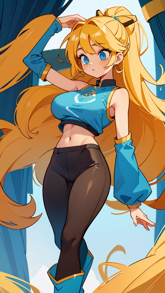 Sexy girl big breast cute cavalry long straight curly yellow hair her blue eye wears blue sleeveless top shows navel and long metallic black pants big thigh sexy brown boot