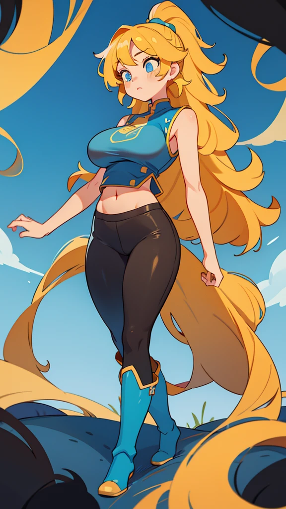 Sexy girl big breast cute cavalry long straight curly yellow hair her blue eye wears blue sleeveless top shows navel and long metallic black pants big thigh sexy brown boot