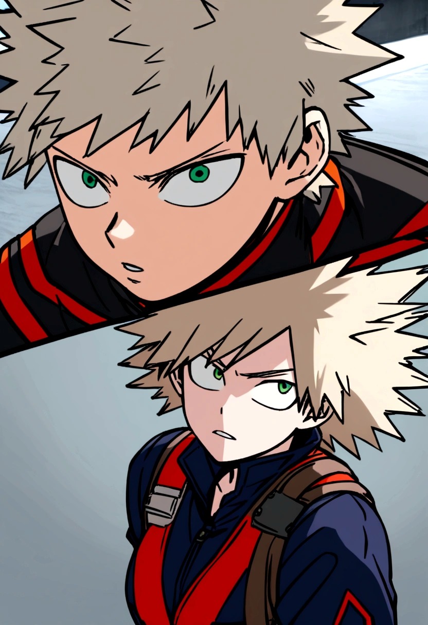 Screenshot of my hero academia, woman with long carmine hair with green eyes, dressed in the UA uniform next to Katsuki Bakugou 