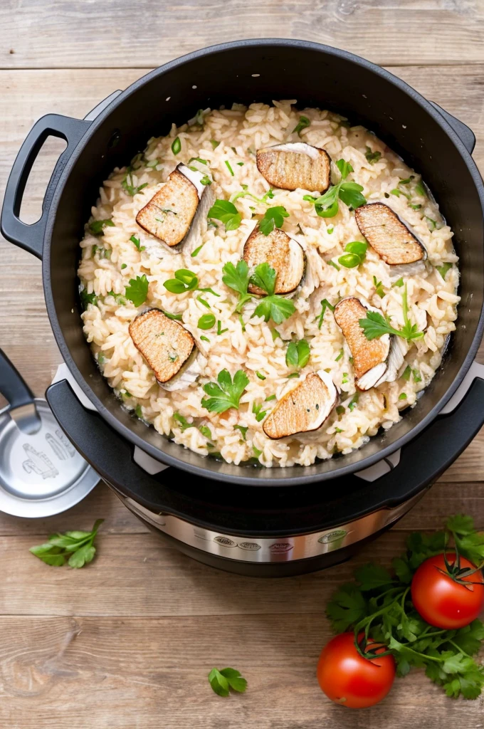 Risotto with canned mackerel and tomatoes made in a rice cooker