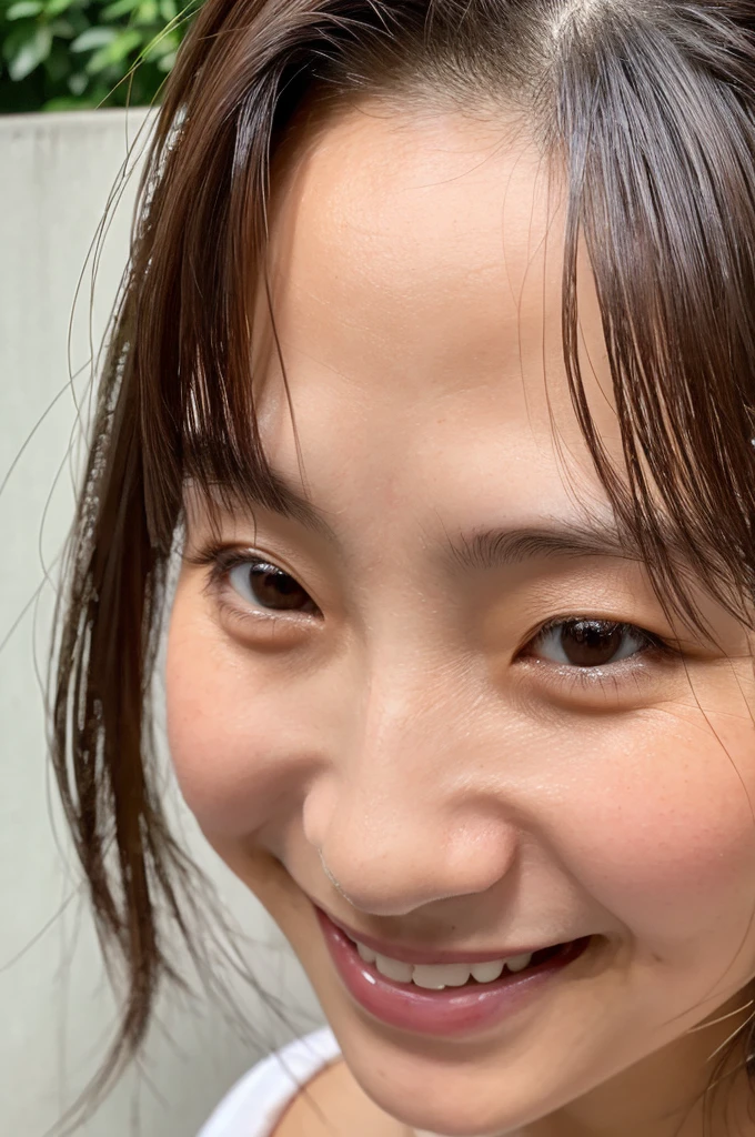 ((Highest quality)), ((masterpiece)), (detailed), Japanese, 40 years old, Beauty, Front face,Face close-up,smile, Nagoya,Facial wrinkles