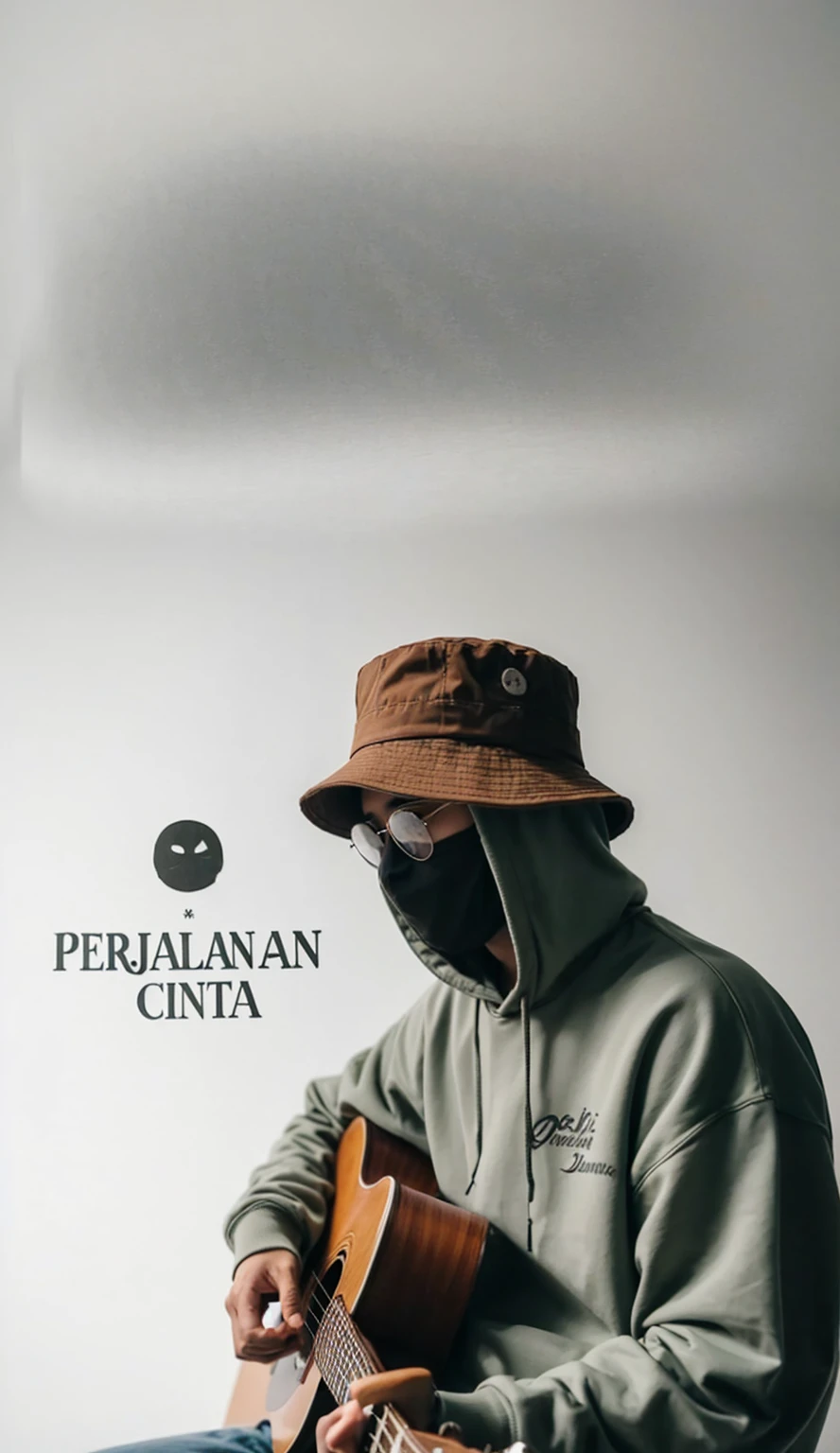 title at the top "PERJALANAN CINTA" WRITTEN in indonesian language, foreground a man wearing a sage hoodie and a brown bucket hat, along with a black mask and glasses, sitting holding guitar. side view photo, the background is white