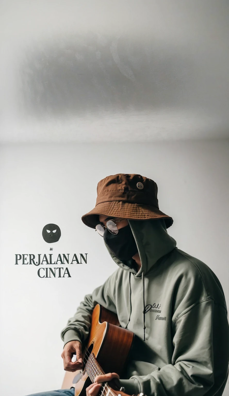 title at the top "PERJALANAN CINTA" WRITTEN in indonesian language, foreground a man wearing a sage hoodie and a brown bucket hat, along with a black mask and glasses, sitting holding guitar. side view photo, the background is white