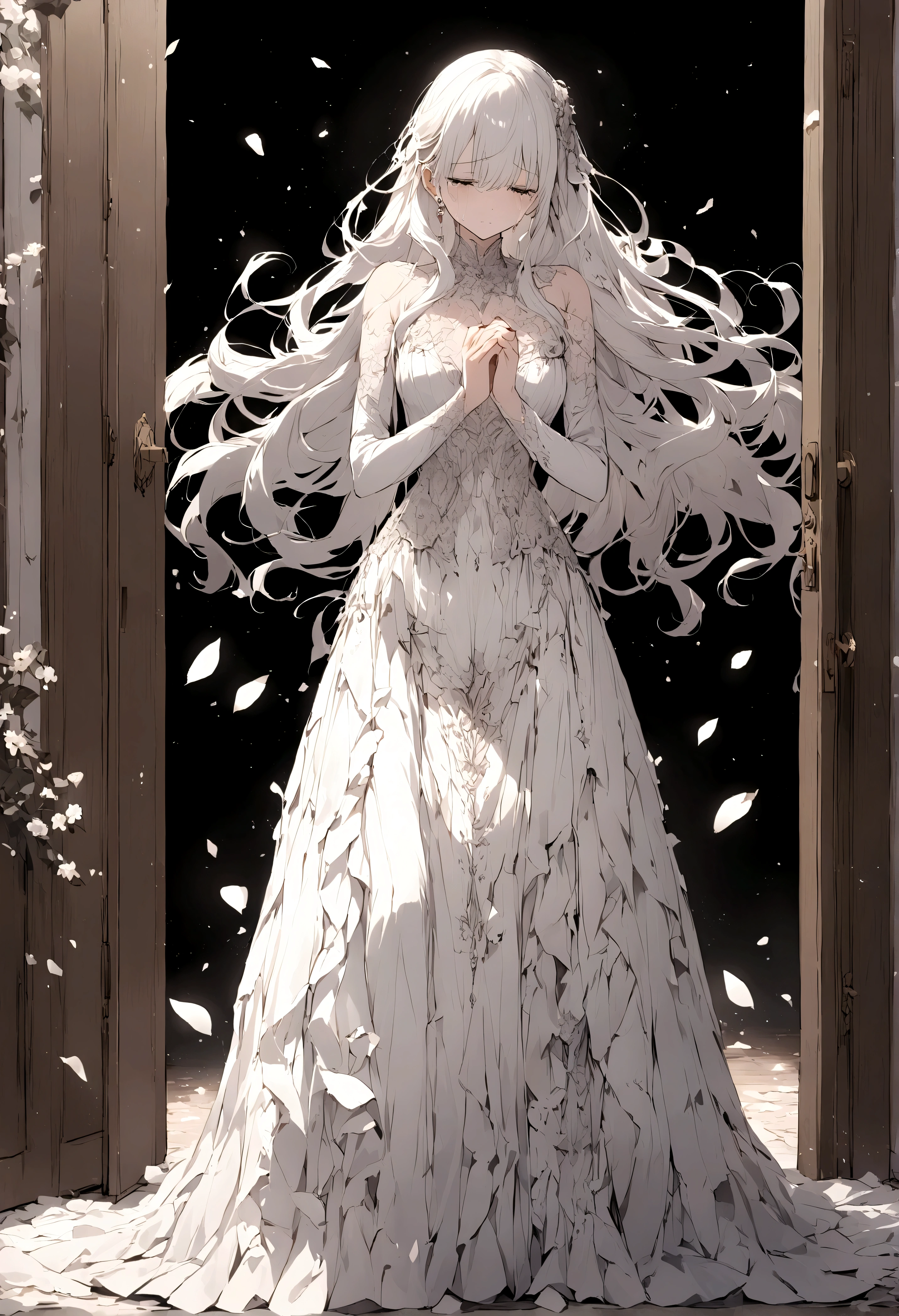 Passing by，(Standing outside the door),Fragments，Sad expression，Tears，beautiful，White long hair，((Broken lens))，Starlight，White long skirt