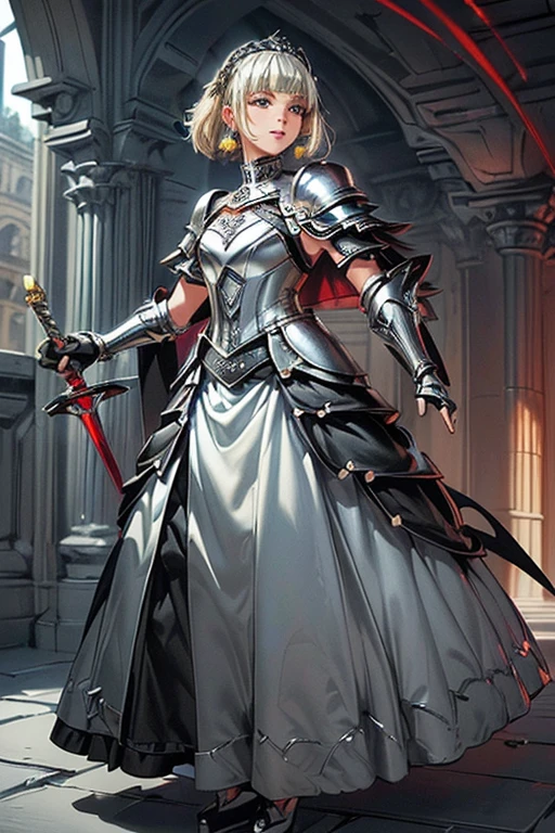 #Basics A girl is posing for a photo, animeのかわいい女の子, (((One Girl, Baby Face, Young girl, 16 years old))),
break
#Clothing Accessories
((Silver and Black)Quinceañera(Long skirt dress)Armor of:1.6) + (Red gems embedded in(Silver and Black)breastplate:1.6), (Black Gauntlet:1.6), (Red cape with shoulder pads:1.6), (Silver and Black)Combat Boots:1.4,
((Luxury Silver Bracelets, large silver necklace, Silver Tiara)),
break
#Features
(((Blonde:1.6)), Bangs that expose the forehead:1.4, (Long back hair : Curly Hair + Full and voluminous back hair)),
(Droopy eyes,blue eyes), (Small breasts),
break
#Performance
(smile),
#background environment
((noon, sunlight + Castles in a fantasy world:1.4, Swinging a Sword:1.4)),
#composition
((To the camera:1.4, Dynamic pose:1.4, Cowboy Shot:1.4)),
break
#Body parts elements
(Detailed Hair, Beautiful Hair, Shiny Hair),
(double eyelid, Long eyelashes),
(細かい目のPerformance, Beautiful and delicate eyes, Sparkling eyes, Eye Reflexes),
(Human Ear),
(Beautiful Nose, Thin Nose),
(Glossy Lips, Beautiful Lips, Thick lips), (Symmetrical facial features),
(Detailed skin, Textured skin, Beautiful Skin),
break
#quality
(((最高quality)), ((masterpiece)), ((Very detailed))), ((High resolution), (16K,1080P)),
(Realistic), (Anatomically correct),
((comics, anime)), (3DCG), CG illustration,