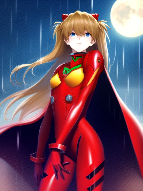 Asuka Langley ,masterpiece, best quality,,city,cyperpunk,night,rain,moon, cloak, cape, cape shoulders and arms 