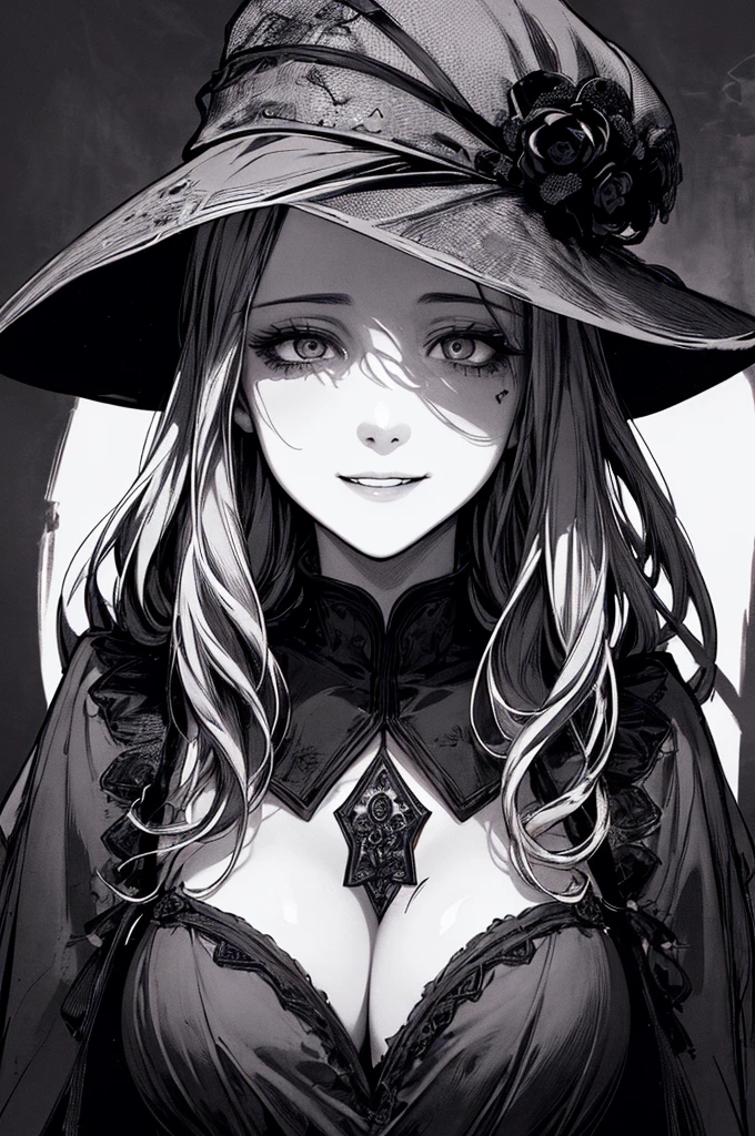 Highest quality, (Background details), High Contrast, Very beautiful woman, Detailed original illustrations、functional、witch、Pointed hat、Black Robe、Delicate face、attractive、Villainess、sexy、Real breasts、Crazy Smile, Crazy Eyes,  Head close-up, Black background, (Black background: 1.5), Beautiful line art、Monochrome