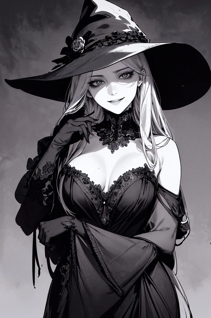 Highest quality, (Background details), High Contrast, so beautiful, Detailed original illustrations, Sensual, , witch, witch hat, Black Robe, Elf, Delicate face, charm, Spoiled brat, sexy, Real breasts, Small breasts、Crazy Smile, Crazy Eyes, Black background, (Black background: 1. 5) Beautiful line art, Monochrome