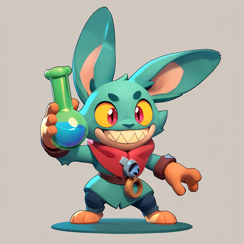 Full body view of a small, spherical, male monster with light teal fur, long ears, sharp teeth, smiling, holding a green potion in his hand