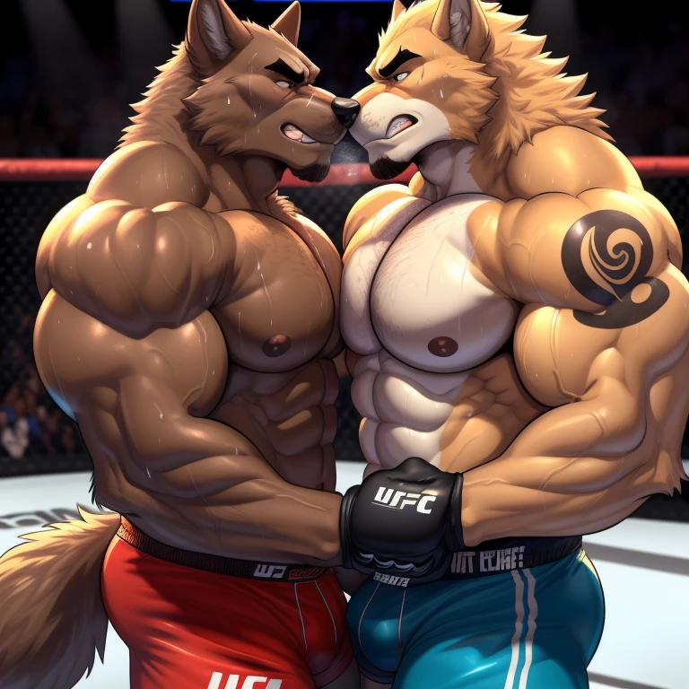 Duo male(Brown Wolf vs Brown Wolf, handsomes, Thick eyebrows), gay(cuddling body embraced, hot abs frottage, clashing heads, face to face, on a UFC match), hot(Shirtless), handsomes(They are handsomes, correct anatomy), musculosos(Big muscle bodies, Six packs, muscle abs, big pecs, muscle backs, muscle legs), sweaty(very sweaty wet bodies, shiny sweat), tatuajes(they have tattoos), Grumpy(Both have an grumpy expression, growling, grumpy teeths, steaming breath), UFC gloves(They both are wearing red UFC gloves), UFC boxers(They both are wearing boxers), Hight resolution, by(Zourik:1.1)