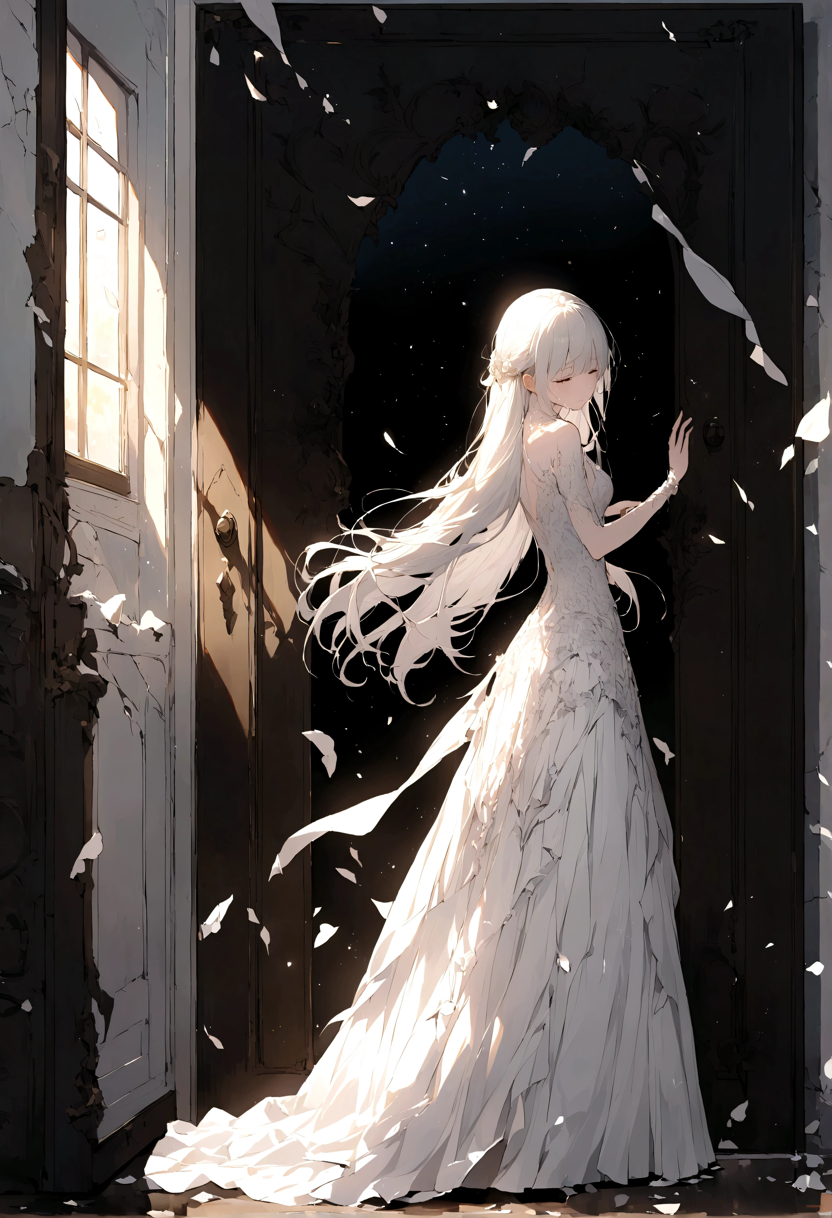 Passing by,(Standing outside the door),Fragments,Sad expression,Tears,beautiful,White long hair,((Broken lens)),Starlight,White long skirt
