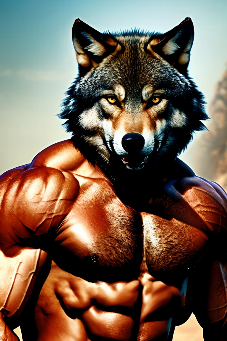 A wolf in the face, a muscular macho man in the body