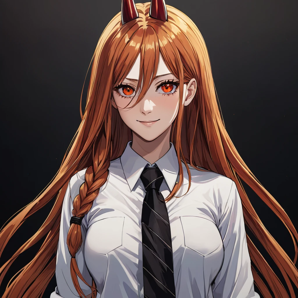 makima \(chainsaw man\), best quality, ultra detailed, 1girl, solo, standing, red hair, 1 long braided hair, golden eyes, bangs, medium breasts, white shirt, black necktie, stare, smile, (evil:1.2), looking at viewer, (interview:1.3), (dark background),black pants, (ringed eyes), best quality,ultra high res, woman, (masterpiece, sidelighting, finely detailed beautiful eyes: 1.2),lustrous skin,glowing eyes, shiny hair, 2 arms, paintina. portrait.
