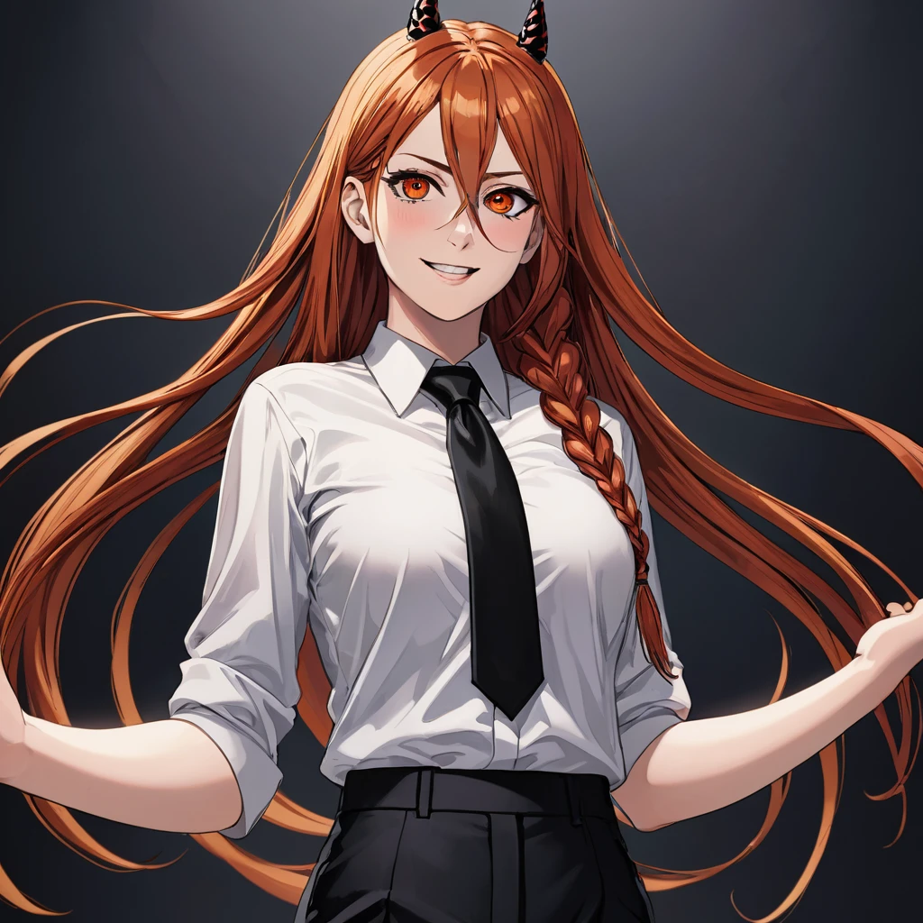 makima \(chainsaw man\), best quality, ultra detailed, 1girl, solo, standing, red hair, 1 long braided hair, golden eyes, bangs, medium breasts, white shirt, black necktie, stare, smile, (evil:1.2), looking at viewer, (interview:1.3), (dark background),black pants, (ringed eyes), best quality,ultra high res, woman, (masterpiece, sidelighting, finely detailed beautiful eyes: 1.2),lustrous skin,glowing eyes, shiny hair, 2 arms, paintina. portrait.
