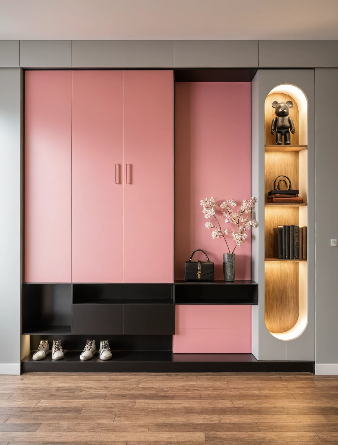 Raw photo,Masterpiece, high quality, best quality, authentic, super detail, interior, shoes Cabinet style modern luxury, decorative cabinets, flower vases, decorations, books, wooden floor, handbags, shoes, bearbrick, (daylight:1.1), vivid colour, (realistic:1.2), ((black and pink Gray))