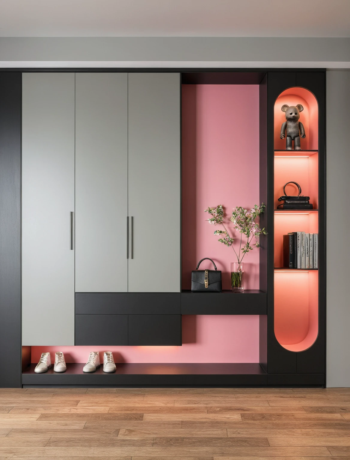 Raw photo,Masterpiece, high quality, best quality, authentic, super detail, interior, shoes Cabinet style modern luxury, decorative cabinets, flower vases, decorations, books, wooden floor, handbags, shoes, bearbrick, (daylight:1.1), vivid colour, (realistic:1.2), ((black and pink Gray))