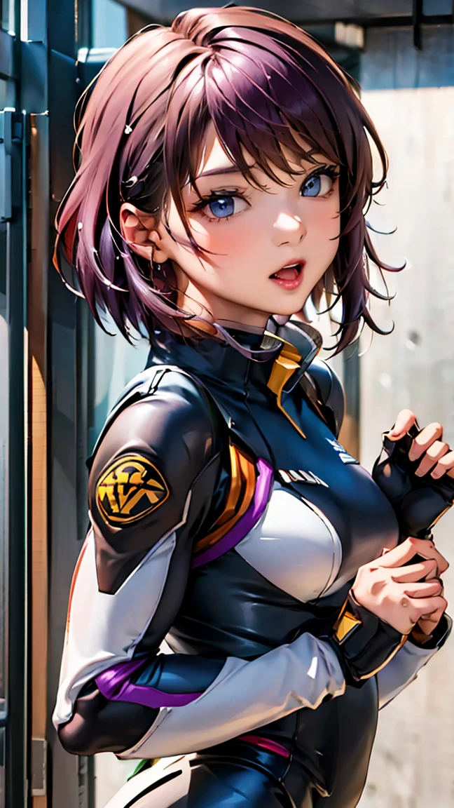 ((NFSW:1.6)), anime「Gundam SEED FREEDOM」Detailed illustrations of female pilots featured in。she「compass」I belong to、((Light purple hair、Medium Hair:1.6))。she動きやすいようにデザインされた、He is wearing a futuristic and stylish pilot suit.。The suit has a highly technical look、Mr.々There is a panel、sheヘルメットを腕に抱えています。His expression was calm and determined.、It reflects her experience and skills.。The background suggests a high-tech hangar or space battlefield.。The overall style matches the aesthetics of the Gundam SEED series.、Pay attention to the details in the suit design and character features。