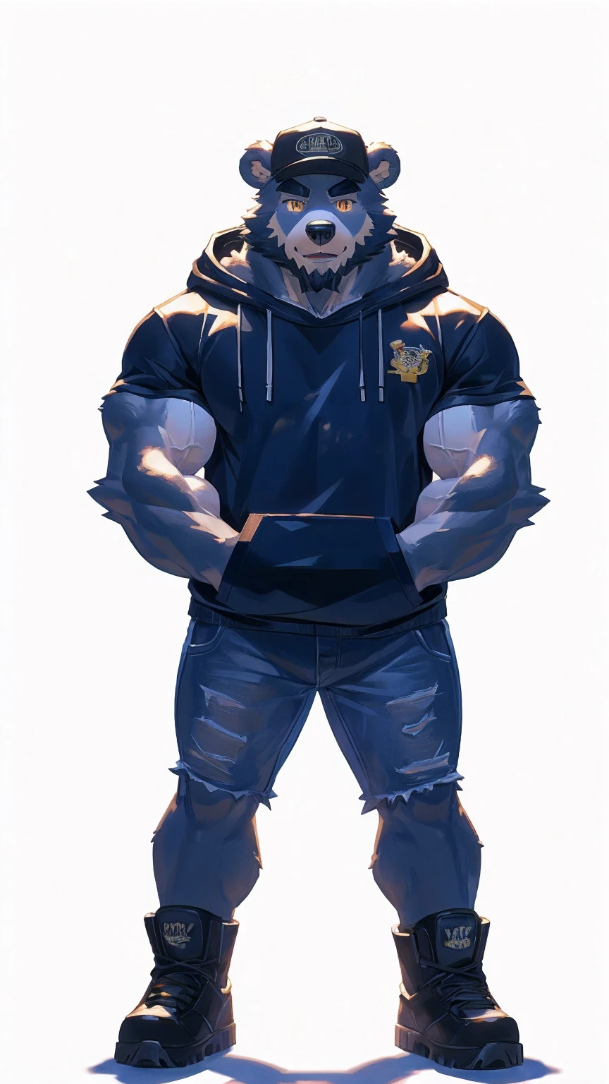 (masterpiece:1.2), best quality,pixiv,official art,perfect anatomy, (Ray tracing, light),solo, (1_male:1.3) , (muscle), (grey fur:1.4), (muscle bear), (beard:1.2), (gleaming golden eyes), bear tail, full body, Thick black eyebrows, baseball cap, (open short hoodie), (naked inside),Ripped short jeans, black short boots, (pure white background: 1.3), (front view:1.3)