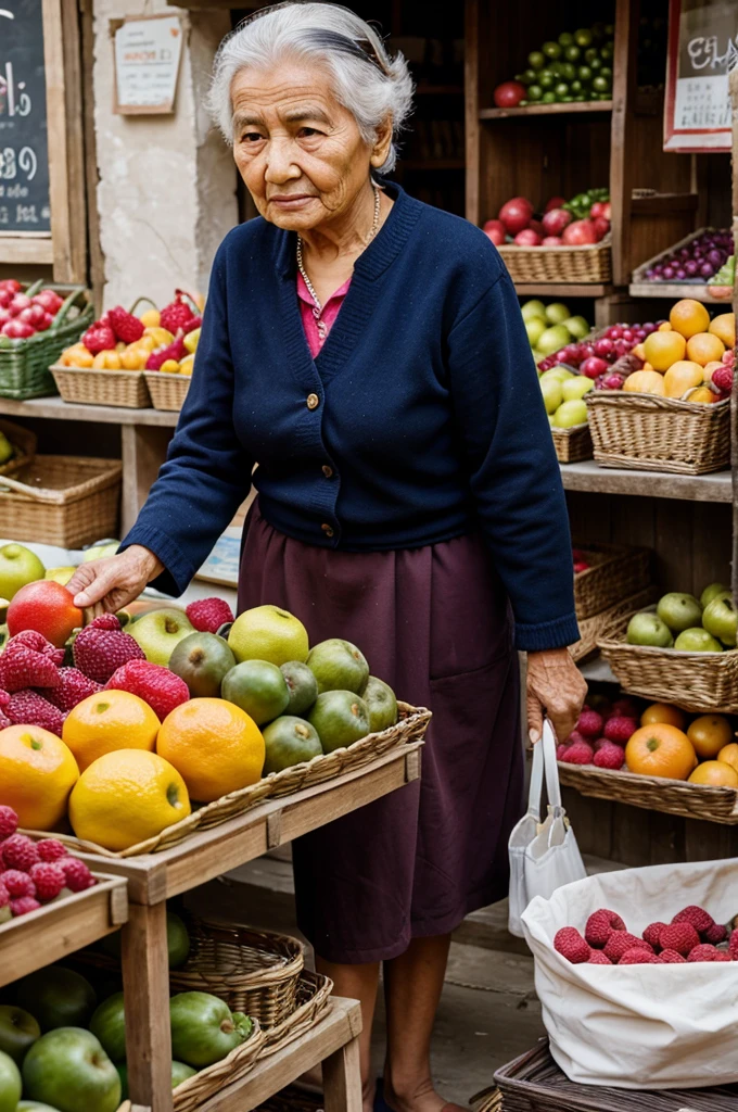 (A photorealistic image of a naked 80 year old woman walking through a busy market), with vendors selling colorful fruits and vegetables all around. Shot from a close-up angle to capture the sense of texture and vibrancy, smiling, wide hips, white heavy pubic hair, naked women in the background