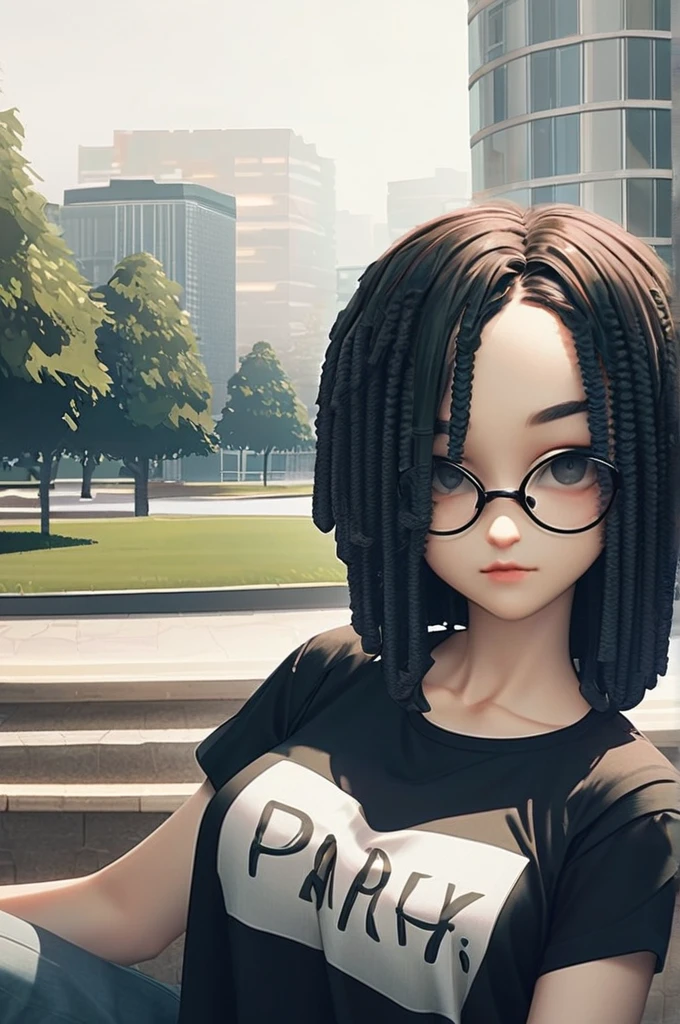((Лучшее качество)), ((шедевр)), (подробный), girl, long bright green dreadlocks, thin black eyebrows, round black glasses, pink lips, thin neck, large elastic breasts, thin waist, elastic hips, slender, short skirt, tight t-shirt, rocker style, (rocker style:1,9), portrait, background city park