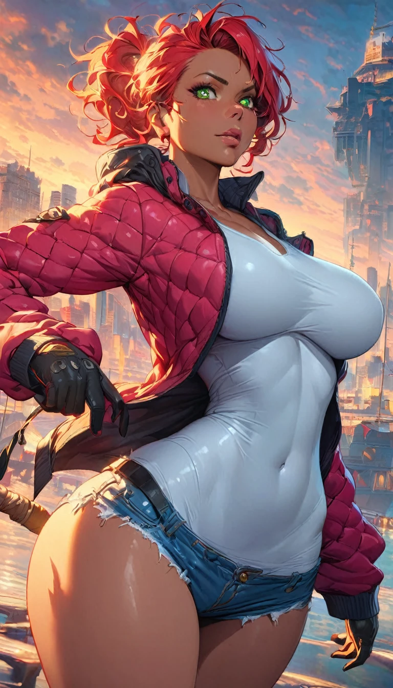 best quality,4k,8k,highres,masterpiece:1.2),ultra-detailed, extremely detailed eyes, extremely detailed body, (large masterpiece digital art), (detailed manga illustration), (detailed line art), ((perfect anatomy)), (intricate details:1.3), (ultra-detailed:1.3), (illustration:1.3), (sharp focus:1.3), (natural lighting:1.05), (vivid colors:1.3), (masterpiece), (best quality:1.4), (perfect anatomy:1.4), high quality, expressive eyes, full body, detailed face, beautiful face, perfect face, 1 girl, breasts, cleavage, gloves, large breasts, ultramarine jacket, very long hair, thigh length hair, ({dark skin}), dark-skinned female, detailed ((red hair)), messy hair, green eyes, gloves, jacket, hourglass physique, casual outfit, denim shorts, sneakers, graphic t-shirt, dynamic lighting, cityscape background curvy, Atey Ghailan, Jeremy Mann, Greg Manchess, Antonio Moro, trend in ArtStation, trend in CGSociety, Intricate, High Detail, Sharp focus, dramatic and photorealistic painting art by Midjourney and Greg Rutkowski, Jeff Bridges, ((cartoon style)), Marvel Cinematic Universe style, (((Boston in the background))), soft bokeh of Boston