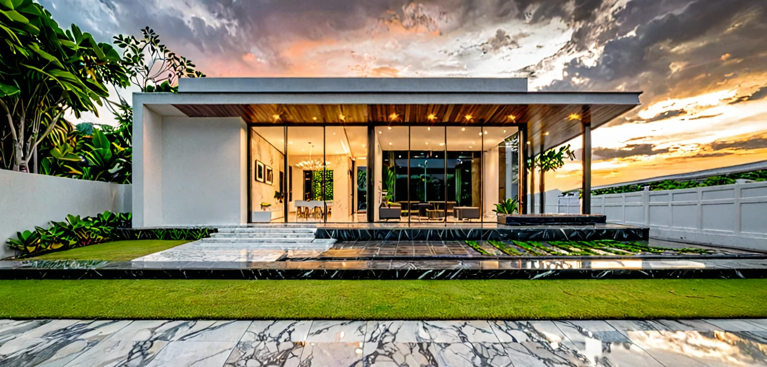 masterpiece, best quality, exterior design, (sunset), single 1 storie modern house on the Vietnam village, marble, steel, modern dark tiled granite and white walls facade, wooden ceiling, large glass, minimalist modern style, green shrubs and tropical tree background, large door and windows.