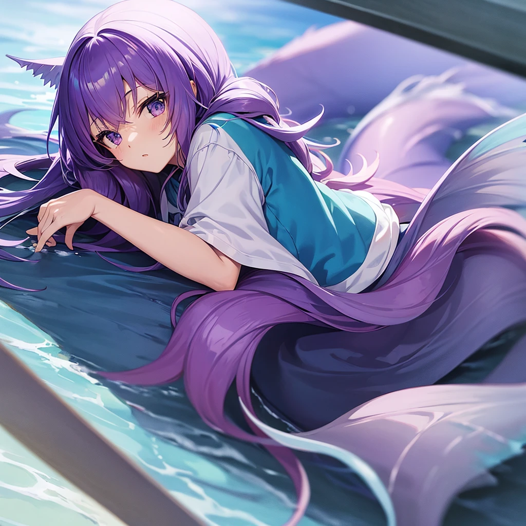 anime　Mermaid Girl　hoodie　Lying down with purple hair　Blue Tail