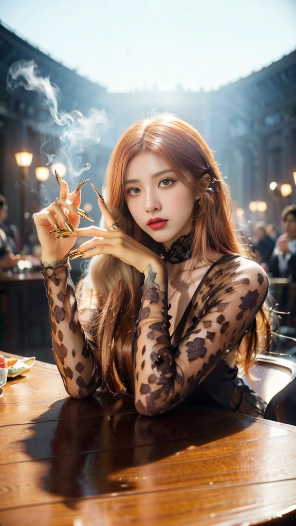 a girl with long red hair and a bow in her hair, chinese model, beautiful, asian, pretty nezuko, ayaka genshin impact, rin tohsaka, official artwork, demon slayer, tanjiro kamado, flaming katana, kawacy, anime visual of a cute girl, long sharp fingernails,