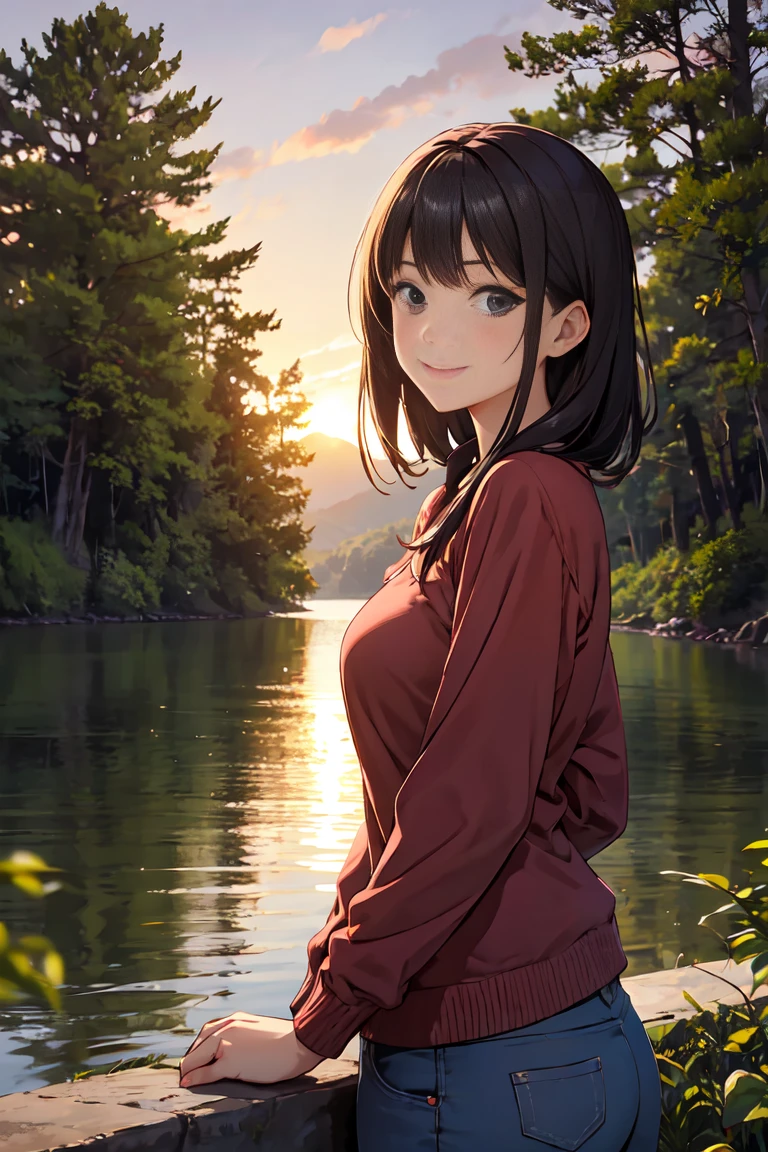 1 Girl, Mature female, Sunset, lake, forest, Smile