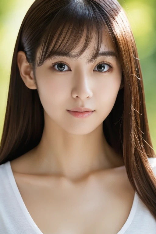 Masterpiece, Best Quality, Photorealsitic, Ultra-detailed, finely detail, high resolution, 8k wallpaper, Professional, high level of detail, 1girl in, Skinny Japanese woman, ((Facing the front)), Detailed clavicle, face perfect, straight hair, (look straight at a camera)