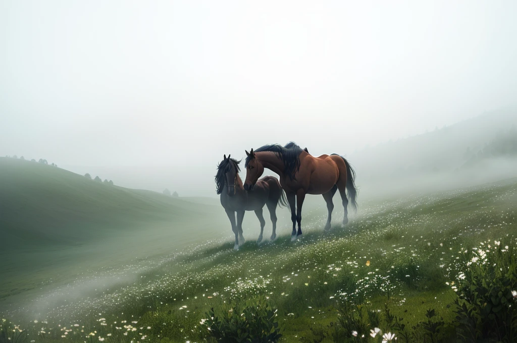 there are two horses standing in a field of flowers, majestic horses, horses, in the morning mist, the see horse valley, misty and foggy, emerging from the mist, misty and raining, it&#39;s foggy, breathtaking composition, (mist), Foggy photo 8k, Thick fog pervades, (fantasy), Dreamlike scene, horse的照片graphy, the horse above, horse的照片, horse