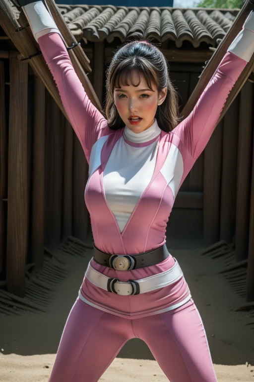 pink theme,pink ranger suit、curvy, big breats, full body, tied on Saint Andrew's cross in X position, screaming in pain, crying, eyes are closed tight