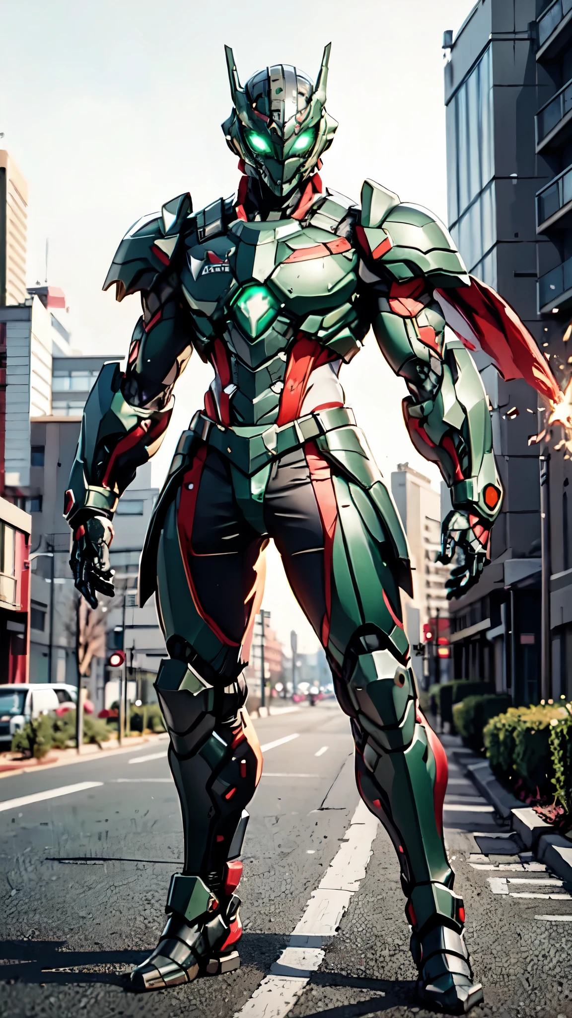 A man wearing a full-face helmet, a fantasy-style biotech armored combat suit, green eyes, (a composite layered chest armor), fully enclosed shoulder guards, matching arm and leg guards, the belt is adorned with dragon claw grasping orbs, (the color scheme is primarily black with red accents), the design balances heavy with agility, a high-tech bio-mecha armor, (Armor Concept Inspired by Dragons, stand on the top of a skyscraper in a futuristic sci-fi city), this character embodies a finely crafted fantasy-surreal style armored hero in anime style, exquisite and mature manga art style, (element, plasma, energy, the armor glows), ((male:1.5)), metallic, real texture material, dramatic, high definition, best quality, highres, ultra-detailed, ultra-fine painting, extremely delicate, professional, perfect body proportions, golden ratio, anatomically correct, symmetrical face, extremely detailed eyes and face, high quality eyes, creativity, RAW photo, UHD, 32k, Natural light, cinematic lighting, masterpiece-anatomy-perfect, masterpiece:1.5