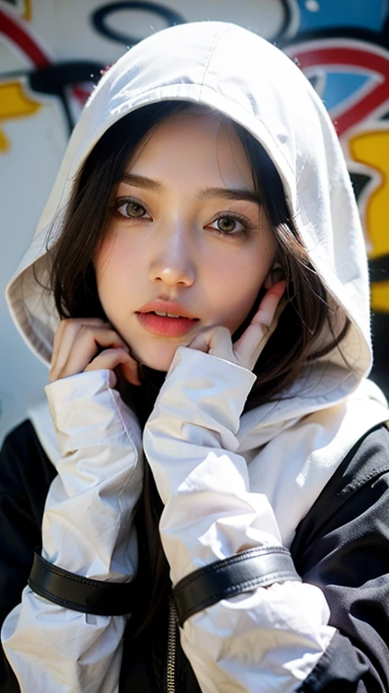 ,1girl, solo, pretty face, eyelashes, nose, glossy lips, (detailed eyes, looking at viewer, fair skin, white skin: 1.5), smooth skin, wearing hijab, 8k portrait of beauty in hijab, intricate, graceful, highly detailed, majestic, digital photography, hyper realistic, Masterpiece, Best Quality, All parts of the body except the face and hands are covered with clothing, Tudung, ((do not let the hair come out of the hijab)), full hijab, ((all parts of the body covered by clothes except the face)), Best Quality, (graffiti:1.5), paint splatter, jacket, On wall, paint can, looking at viewer, head slanted, clothing color (Wear a hooded military uniform), cyberpunk city